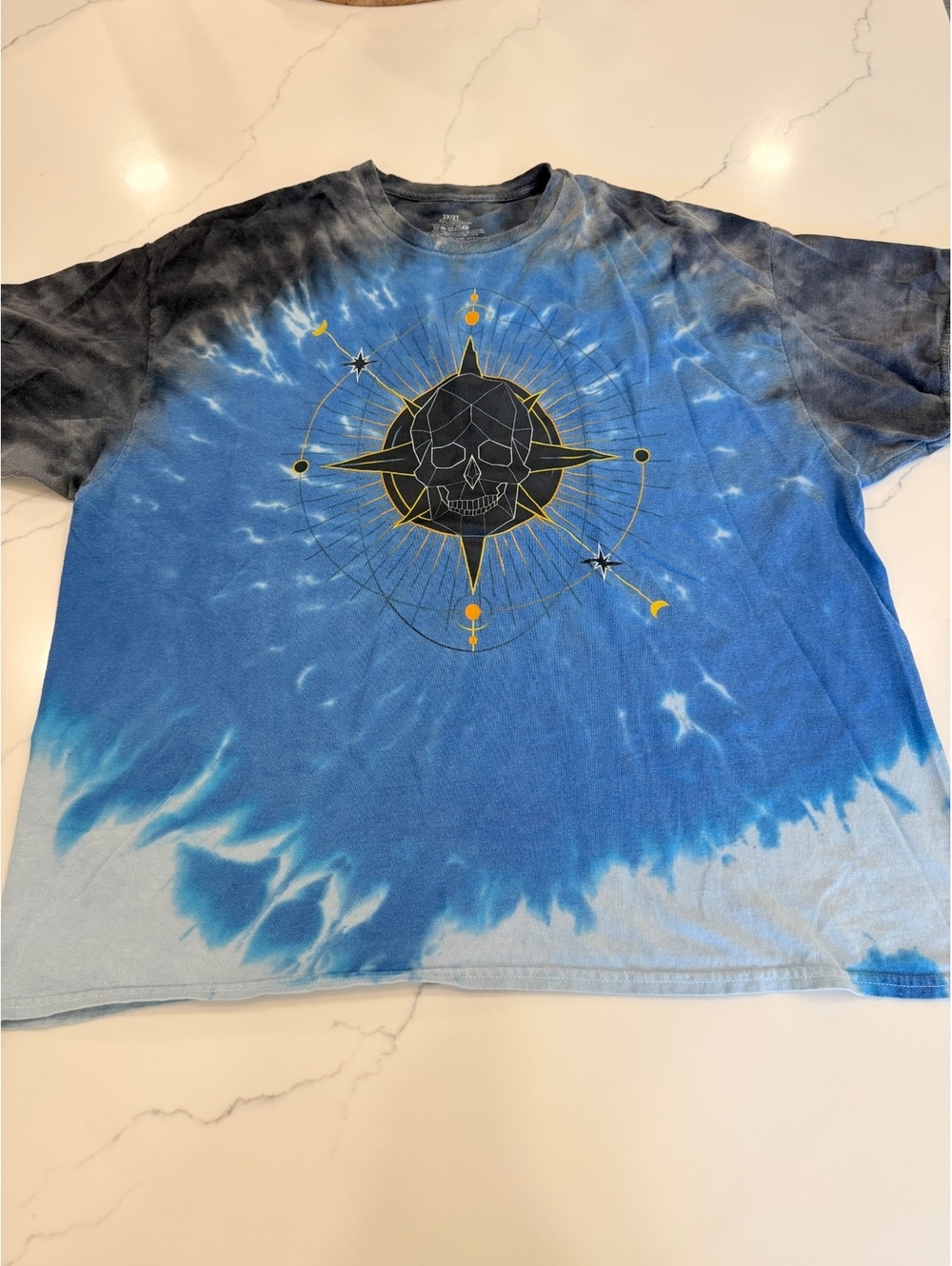 Tye Dye Skull Compass Graphic T-Shirt Blue Gray Size 2XL